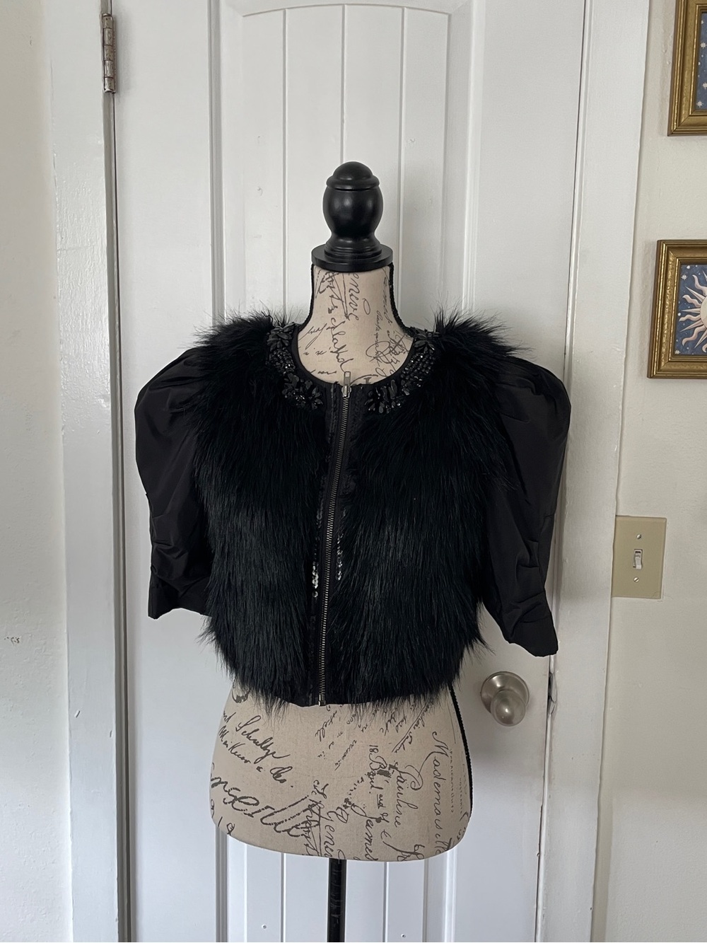 Twelve by Twelve Black Faux Fur Cropped Jacket size XS Bejeweled Whimsigoth